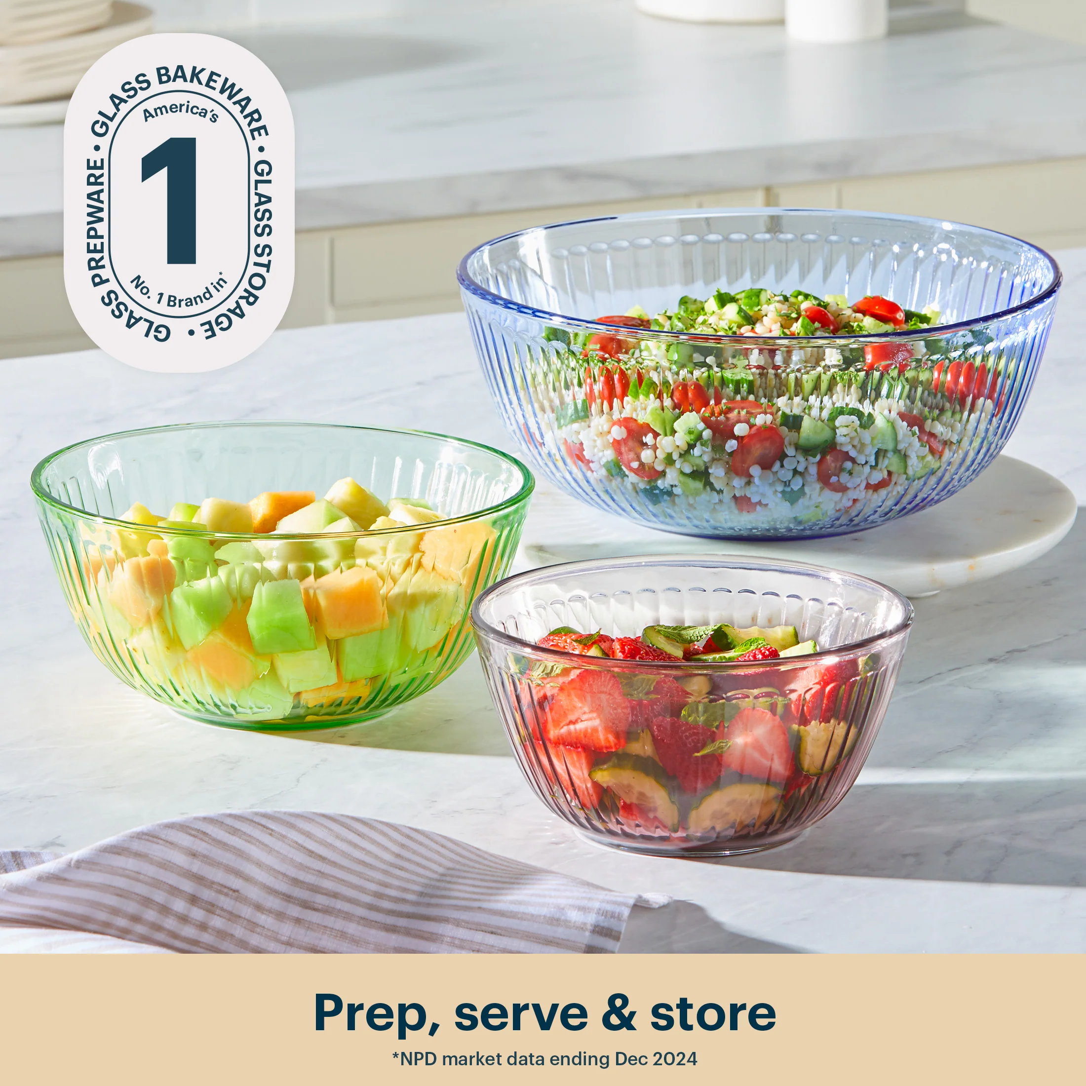 Pyrex® Colors Sculpted Tinted 3-piece Mixing Bowl Set, No Lid (Pink,Green,Blue) - Image 2