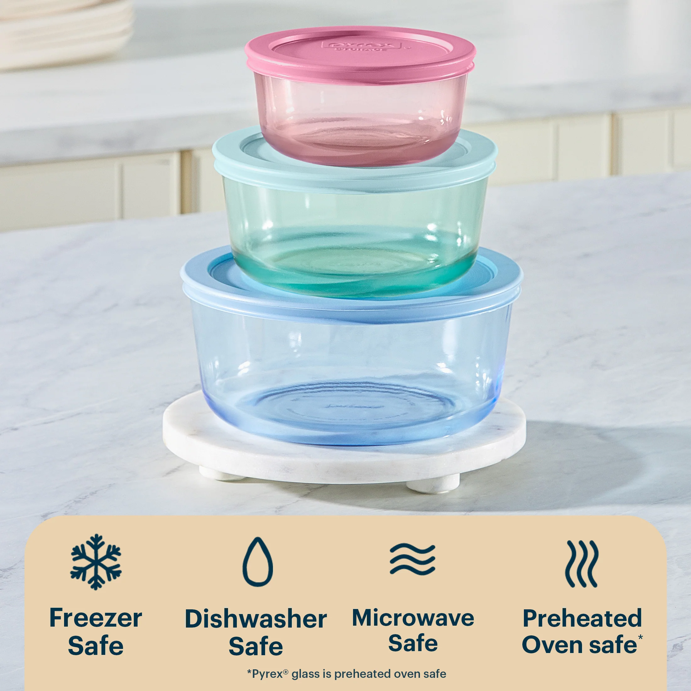Pyrex® Simply Store® Tinted Glass Round Storage Containers, 6-pc Set, Mixed Colors - Image 4