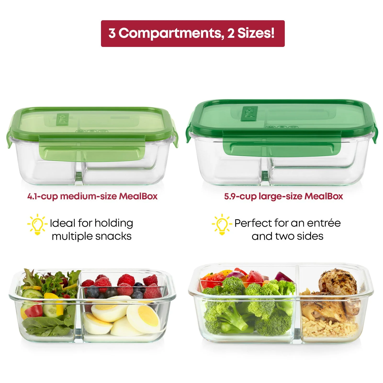 Pyrex® MealBox™ 4-cup Divided Glass Food Storage Container with Green Lid - Image 4