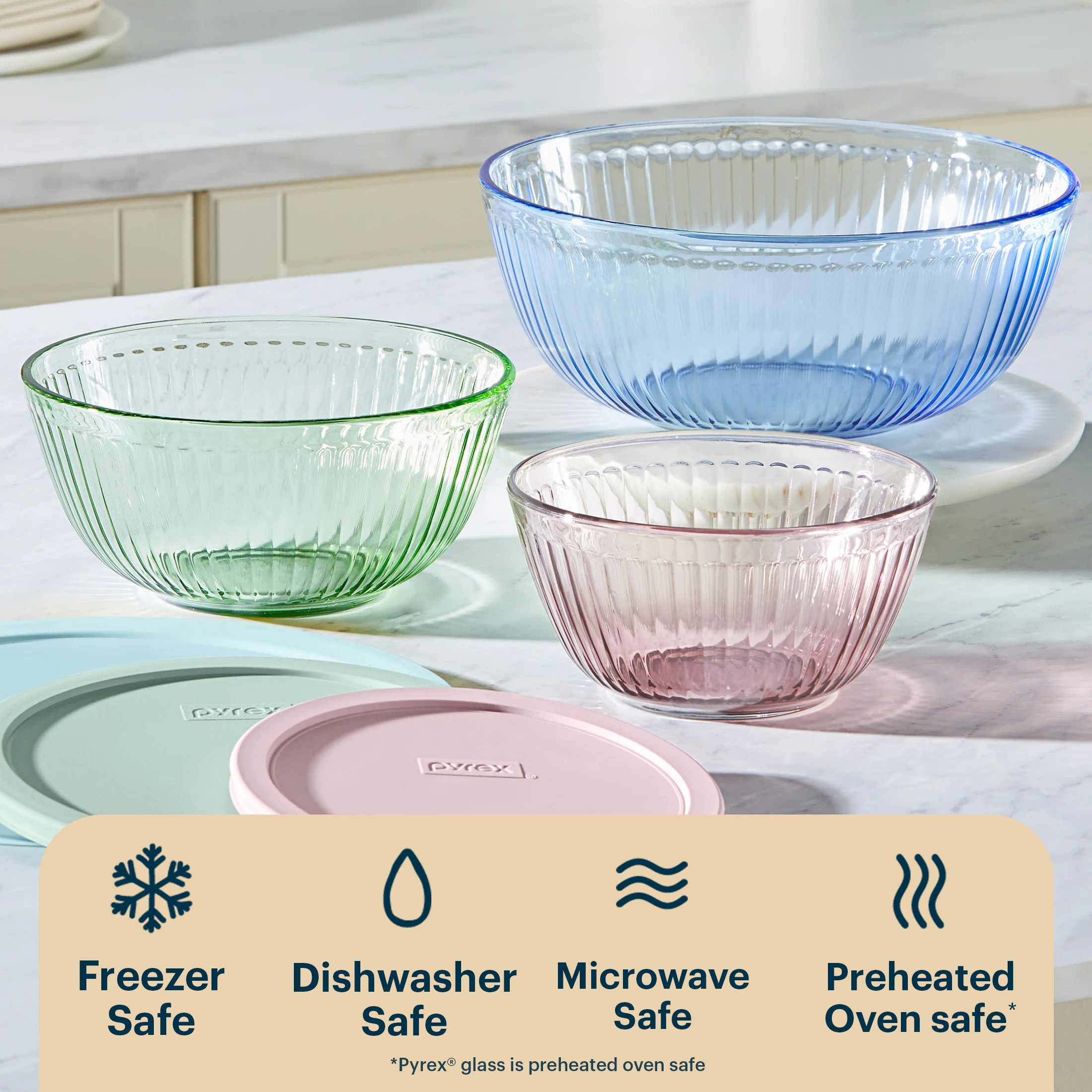 Pyrex® Sculpted Tinted Glass Mixing Bowls with Lids, 6-pc Set, Mixed Colors - Image 4